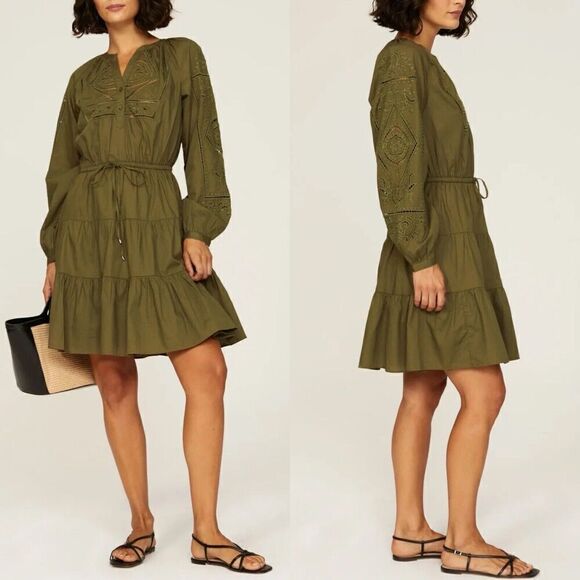 LAUREN Ralph Lauren Sulashka Dress Women 2 Olive Green Embroidered A-Line Cotton - Picture 1 of 14